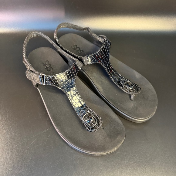 SAS‎ Black Leather Thong Sandals Comfort Adjustable Buckle Size 10.5 - Picture 1 of 7